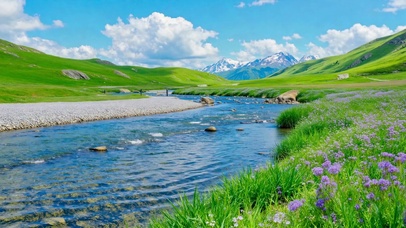 清新治愈河谷远山自然风景