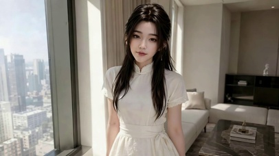 落地窗旁气质清纯美女