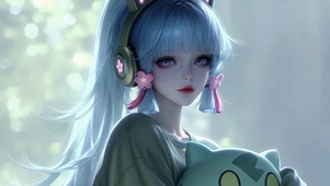 蓝发樱花猫耳耳机美少女