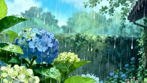 雨天院子花朵带鱼屏