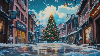 晴天冬日圣诞小镇街道