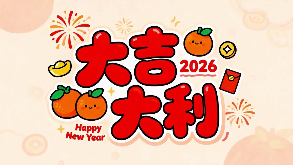 Q版国风新春插画，中心是红色卡通“大吉大利”字样，周围分布带笑脸的橘子、金元宝、铜钱、红包与烟花装饰，整体为暖米黄、正红、亮橙、明黄的喜庆配色。