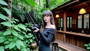 丛林小屋处拍摄自然风景的美女2