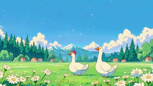 春日草原上的两只大白鹅