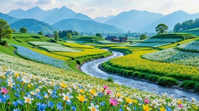 护眼山谷里的小溪和彩色花田