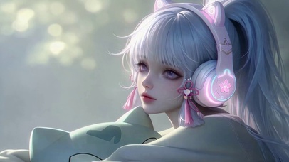 蓝发猫耳耳机二次元美少女