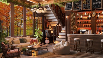 秋天森林小屋雨