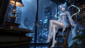 雨夜窗边蓝发美少女清宵