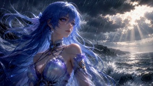 雨天海边蓝发二次元美少女