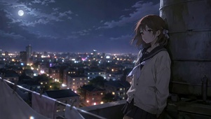 月夜天台的水手服少女