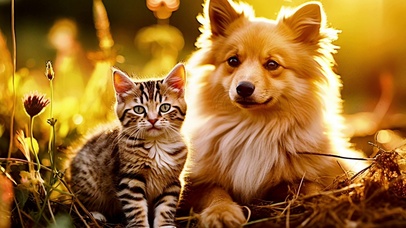 户外的猫咪与小狗