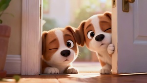 扒门探头的狗狗