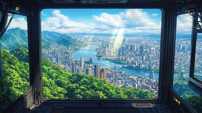 登山缆车远眺城市风景