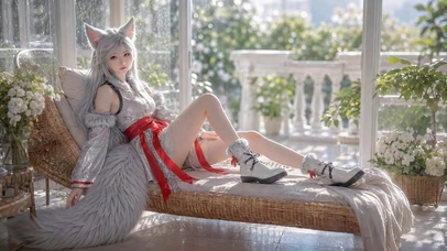 阳光窗边银发狐耳美少女银月