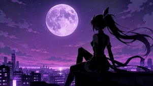 紫夜圆月都市少女剪影