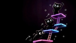 萌趣黑猫攀登霓虹阶梯