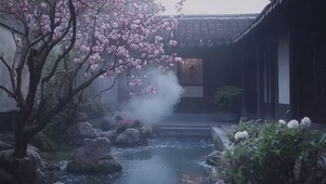 傍晚古风粉花庭院池塘