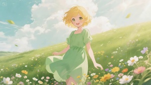 绿色草原中的二次元女孩动态壁纸