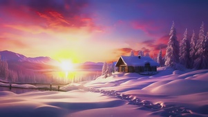 夕阳中的雪原小屋