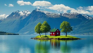 山水湖心小屋美丽风景