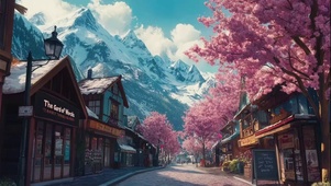 晴天雪山春日唯美小镇
