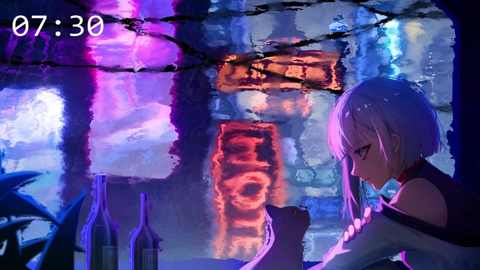 紫调雨夜窗边场景，短发少女与身旁猫咪，玻璃倒映霓虹光影