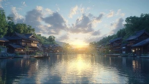 水乡夏日傍晚湖畔风景