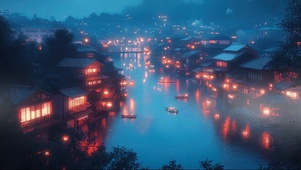 蓝调傍晚朦胧水乡古城
