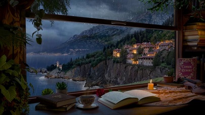 雨夜窗外海岸小镇 