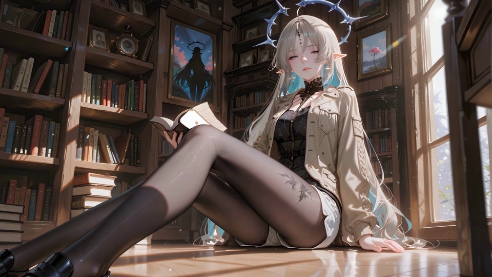头戴蓝色角状光环的黑丝精灵少女，持书坐在满是书架的复古图书馆窗边。