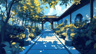 蓝调清新园林庭院风景