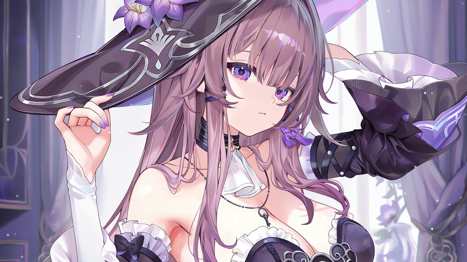 紫发紫瞳魔女少女近景，手扶饰花黑魔女帽，淡紫窗帘背景点缀星点