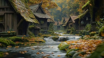 古村落秋日阴雨溪流