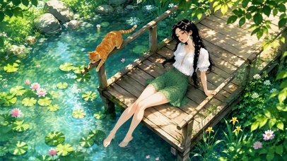 夏日溪边少女与橘猫