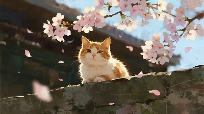 花枝下的胖橘猫