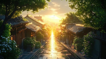 古城落日黄昏静谧街道