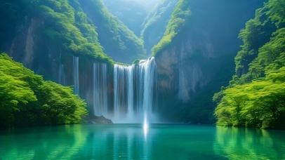 绿色山水瀑布护眼
