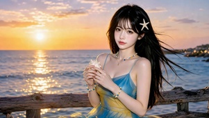 落日海边清纯美女