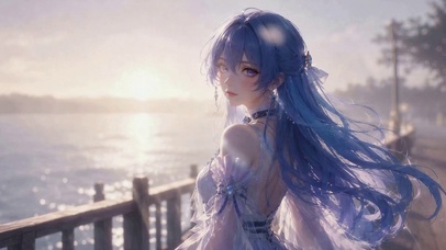 海边蓝发二次元美少女