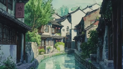 清新夏日江南水乡建筑