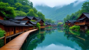 绿色湖边古镇