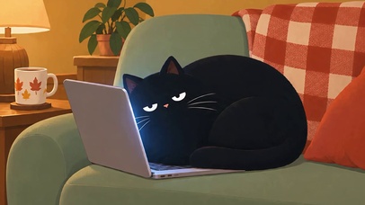慵懒黑猫趴在笔记本前