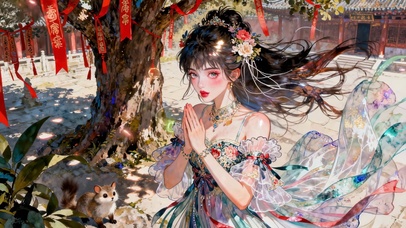 古树下祈愿的古风美少女