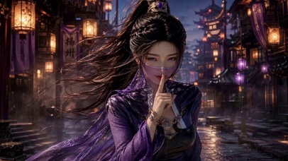 紫纱蒙面古风美女雨夜古街