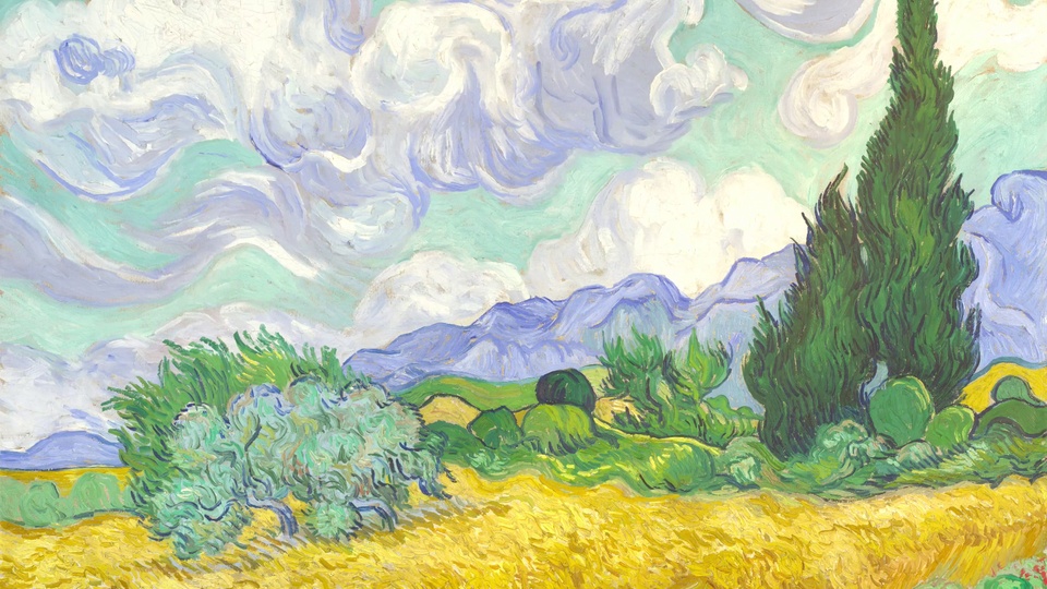 印象派厚涂油画风格的麦田山野风景，金黄麦田铺展在前景，右侧有两棵高耸深绿柏树，远处是淡紫色山峦，天空布满旋涡状白蓝流动云朵。