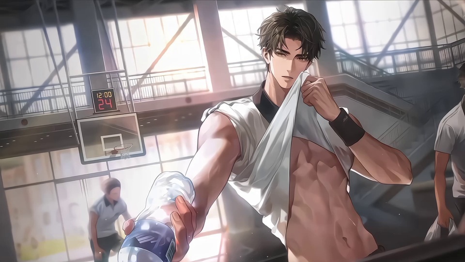 暖光篮球馆内持水瓶搭白毛巾的黑发男性插画