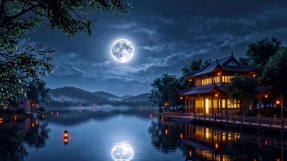 平湖月夜水榭