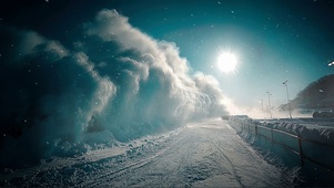 阳光雪天积雪公路