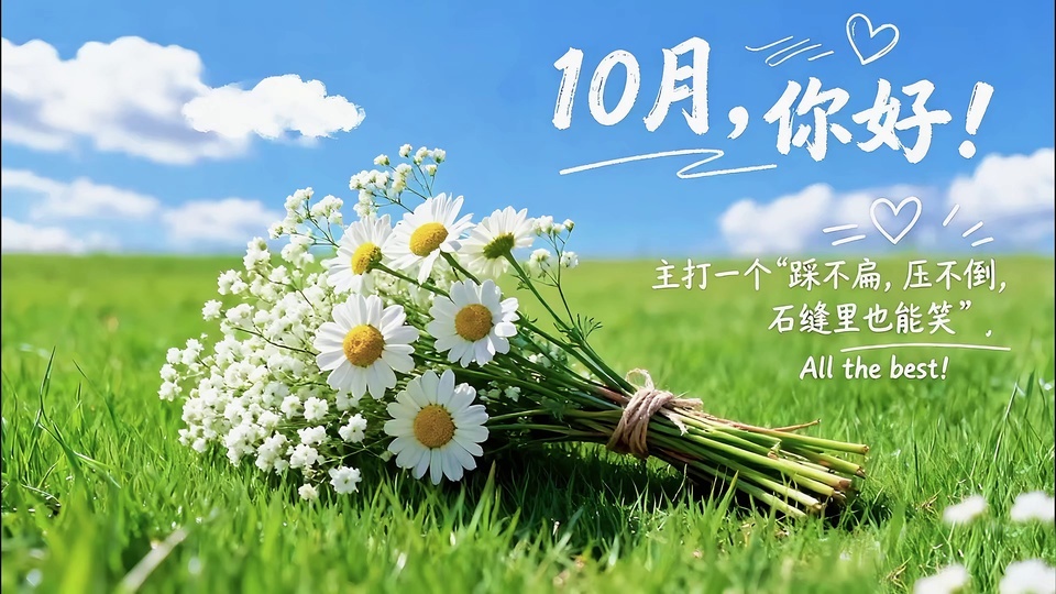 郊野场景中，一侧摆放着一束白瓣黄心的小雏菊与白色细碎小花组成的花束，周边是鲜绿色的开阔草地，上方是点缀着白云的晴朗蓝天。