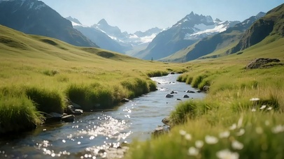 阳光清新高山草原溪流